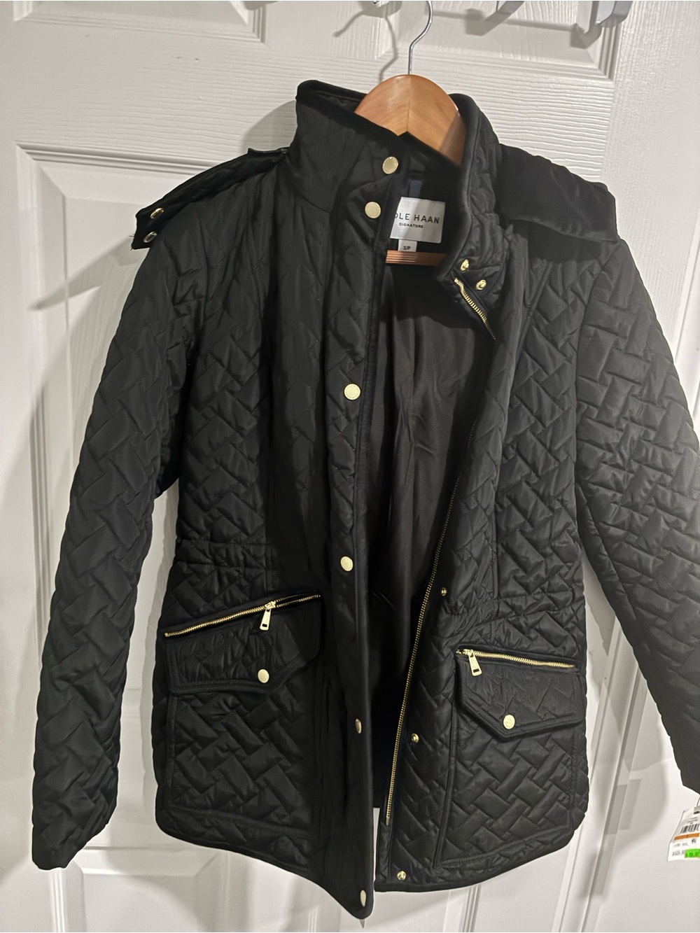 Cole Haan Black Quilted Utility Jacket with Gold Hardware